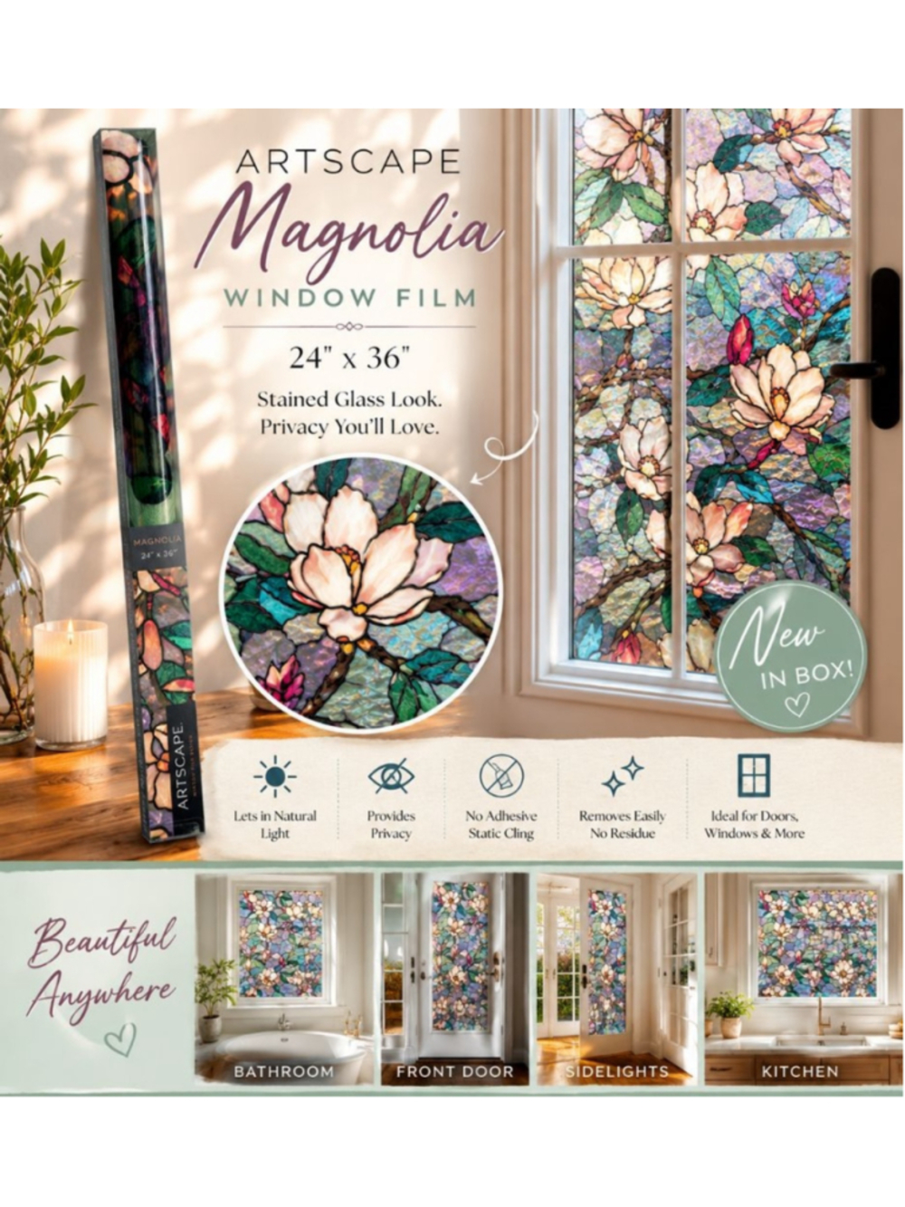 Artscape Magnolia Window Film 24x36 New in Box Privacy Window Cover